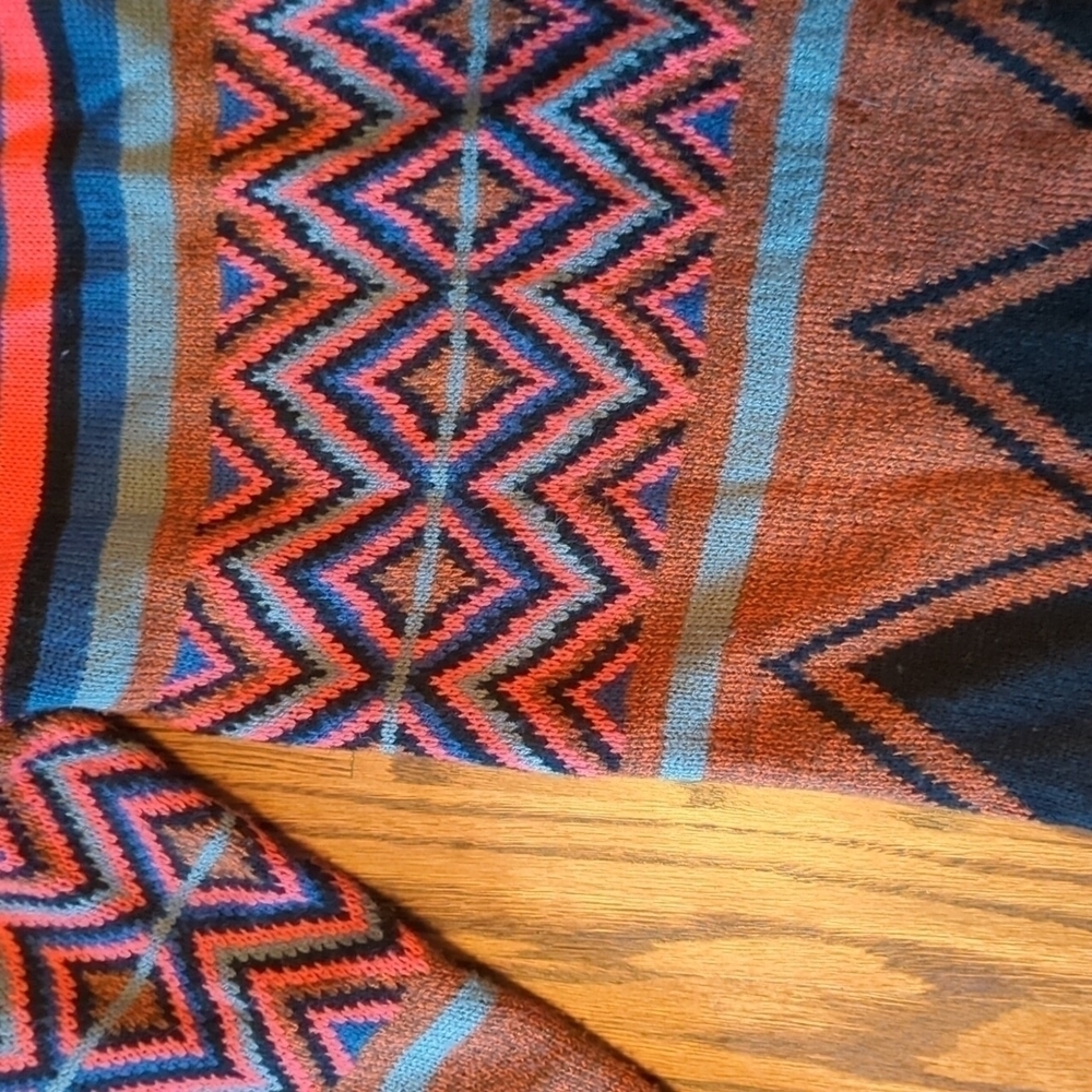 colorful tribal knit fringe Bohemian Festival long open duster/cardigan sz M - Picture 4 of 14